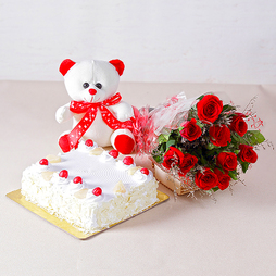 Red Roses & Cake With Teddy